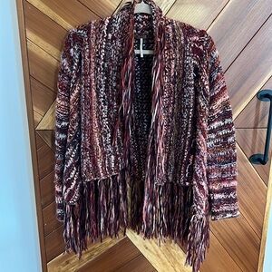 Free People open front sweater w/fringe,Gorgeous, colorful gently used, sz.Small